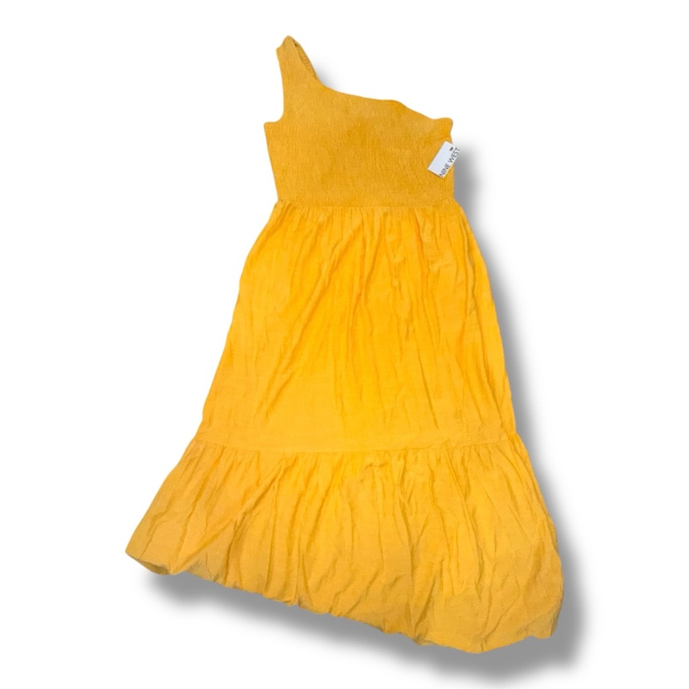 NWT Nine West Flowy Yellow One Shoulder Tiered Maxi Dress A Line